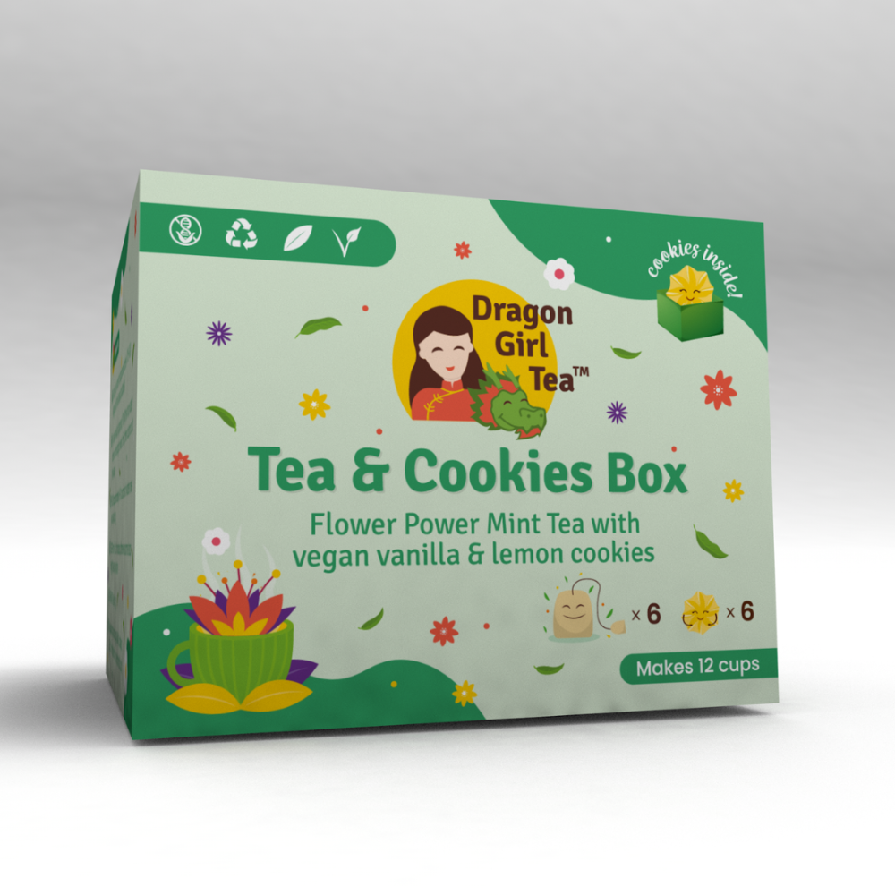 Tea and Cookies Box w/ Flower Power Mint Tea - Caffeine Free - Compostable Tea Bags