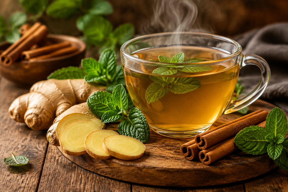 A cup of herbal tea with fresh ginger, cinnamon, and mint — comfort for cold and flu season. Dragon Girl Tea.