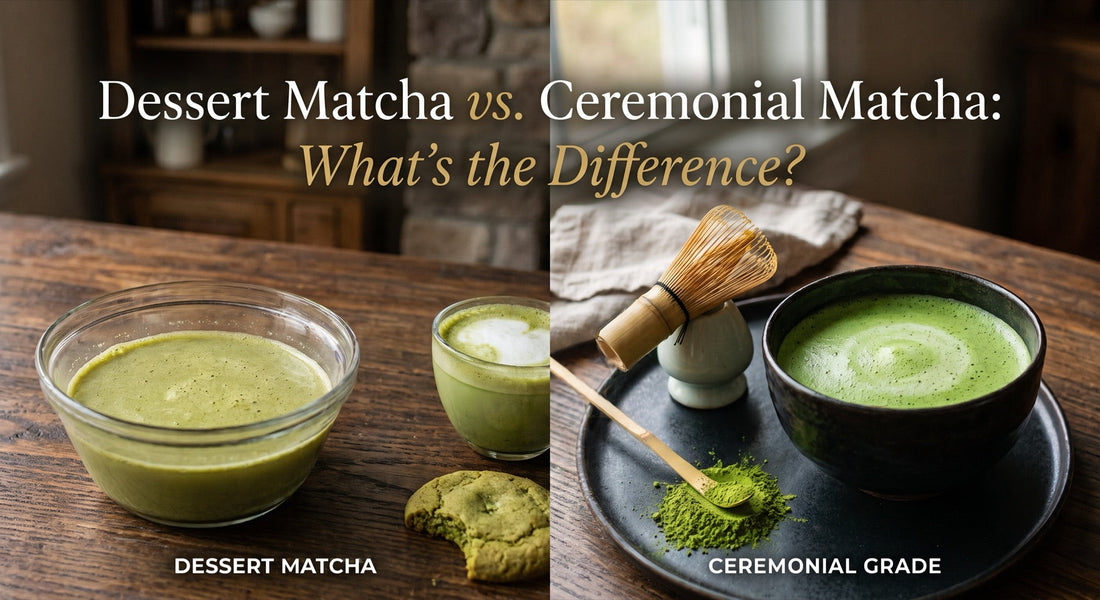 Dessert Matcha vs. Ceremonial Matcha — a bowl of sweet green dessert matcha with a matcha cookie beside a traditional bowl of ceremonial grade matcha with a bamboo whisk and scoop. Dragon Girl Tea.