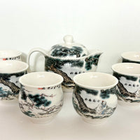 Tea Set w/ 6 contour cups (side handle) - Ceramic
