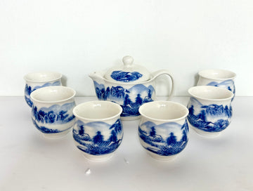Tea Set w/ 6 contour cups (side handle) - Ceramic