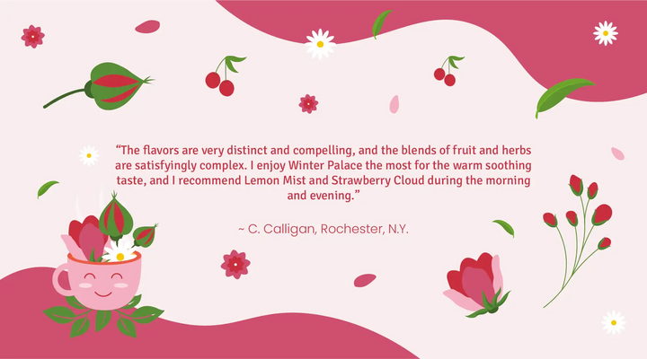 Floral design with a quote and a cup of tea on a pink background