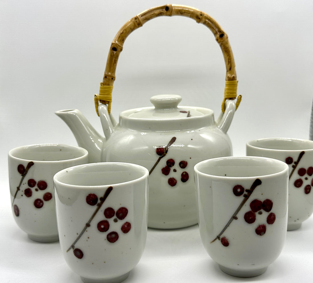 Tea Set w/ 4 cups - Ceramic - Plum Blossom