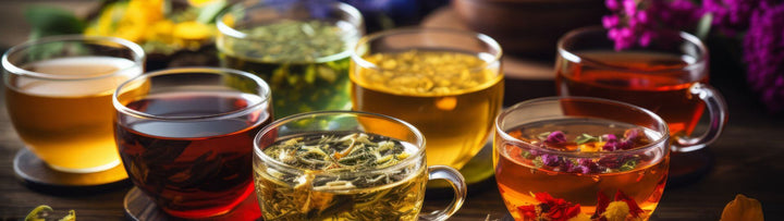 Assorted cups of tea with different types of tea leaves on a wooden surface.