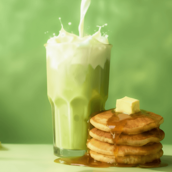 Stack of pancakes with syrup and a glass of green milkshake on a green background